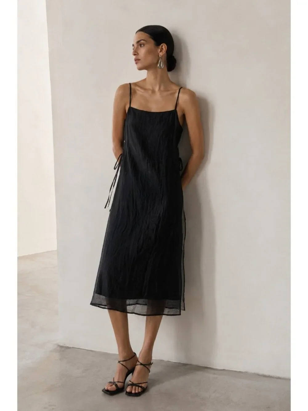 Monmouth Black Sheer Layered Midi Dress Side Tie Spaghetti Strap Minimalist S - Picture 9 of 9